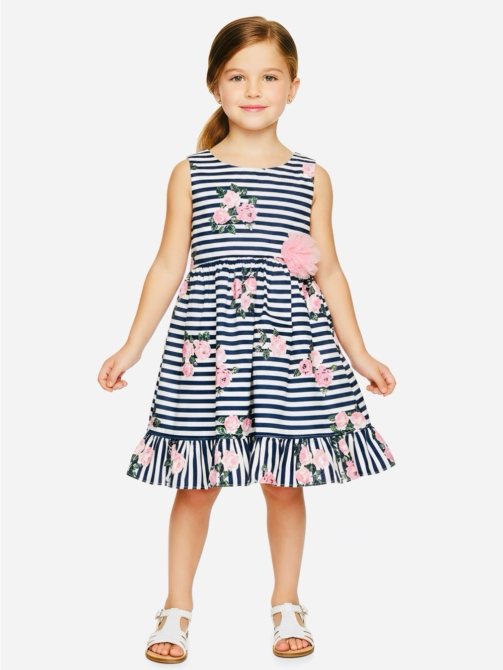 Navy White Striped Kids Dress Pink Floral Detail 24 months